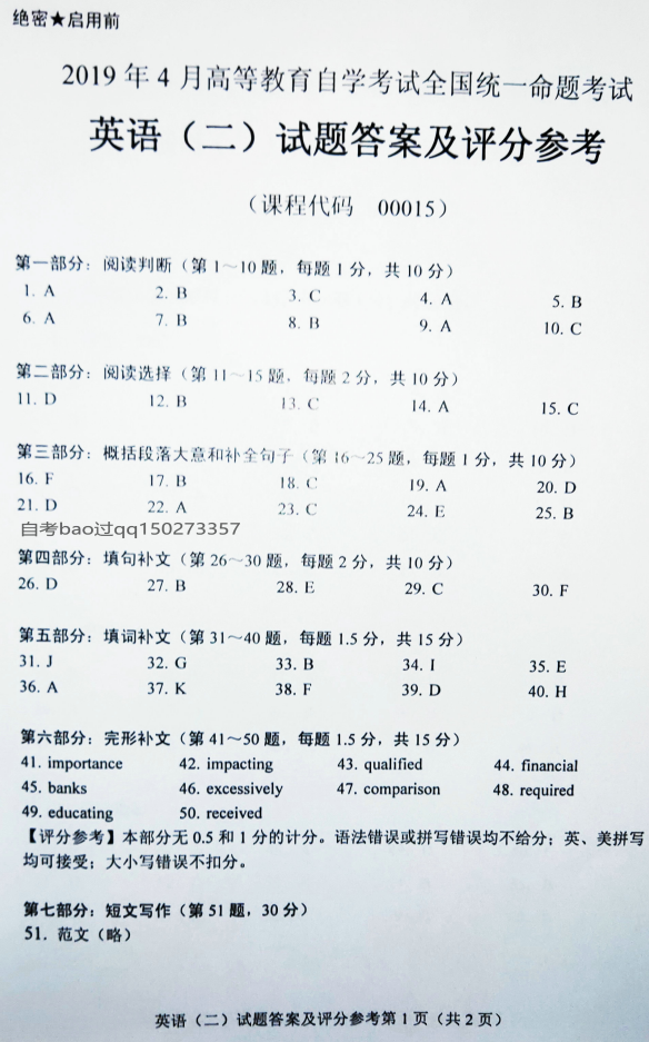 2019年4月自考英语二真题答案-1