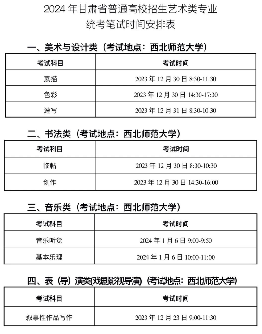 2024年甘肃艺术类专业统考笔试时间安排