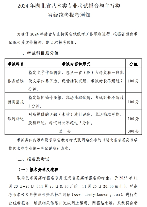 2024年湖北省艺术类专业考试播音与主持类省级统考报考须知