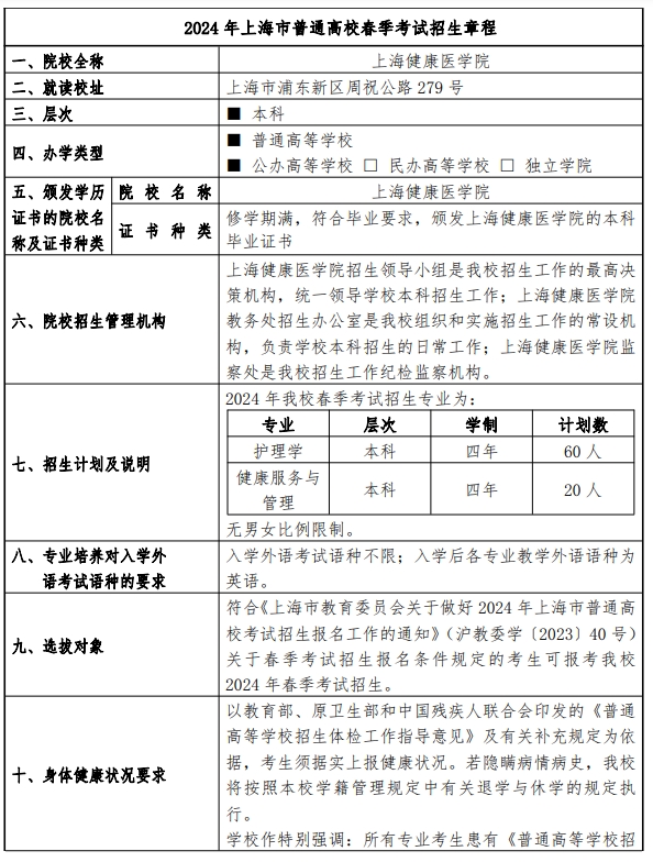 上海健康医学院2024年春季考试招生简章