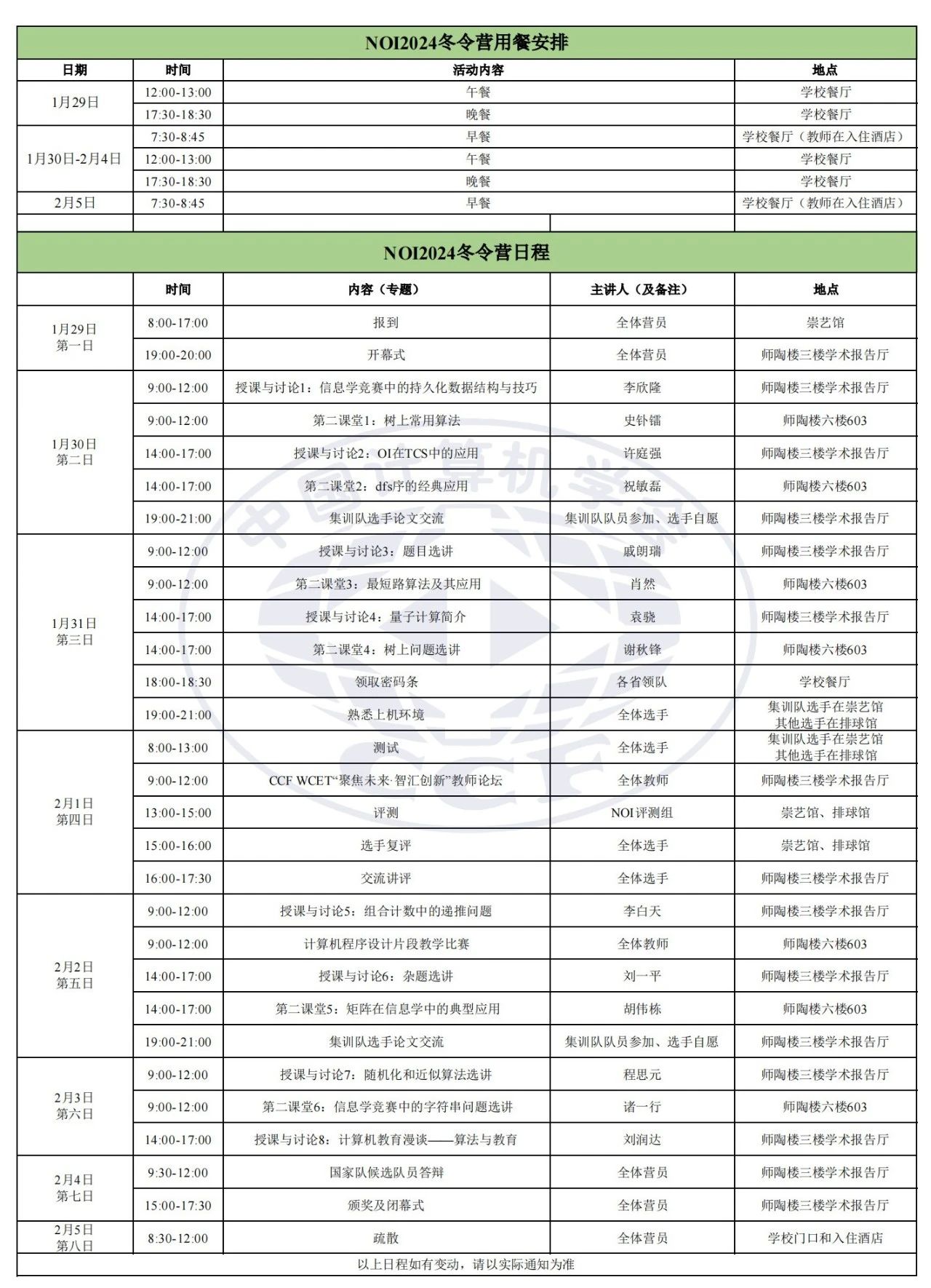 CCF NOI2024全国青少年信息学奥林匹克冬令营具体日程安排