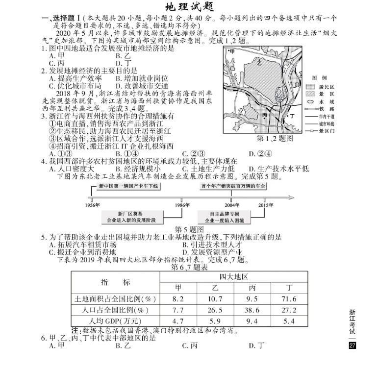 2020浙江高考地理真题答案