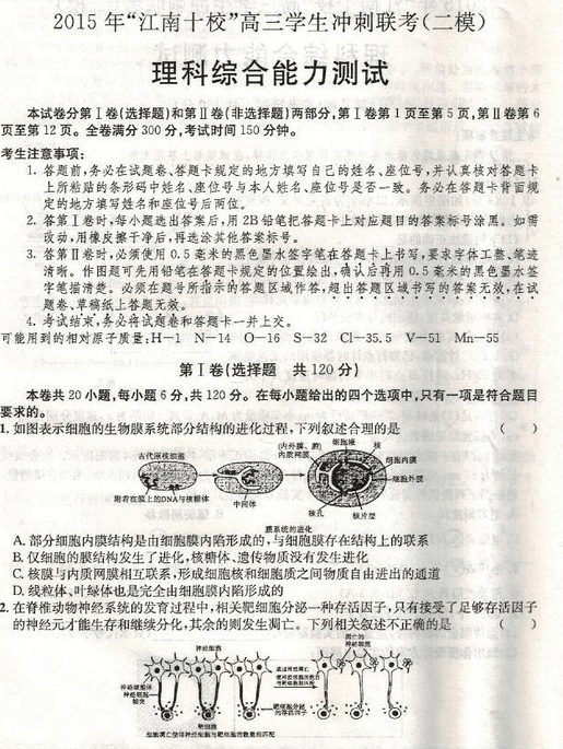 2015江南十校联考二模理综试题及答案