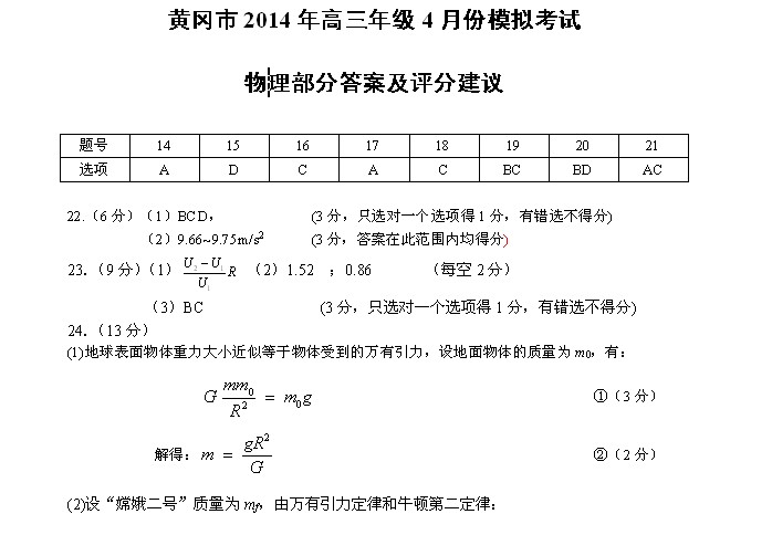 2014黄冈四月质检物理试题及答案