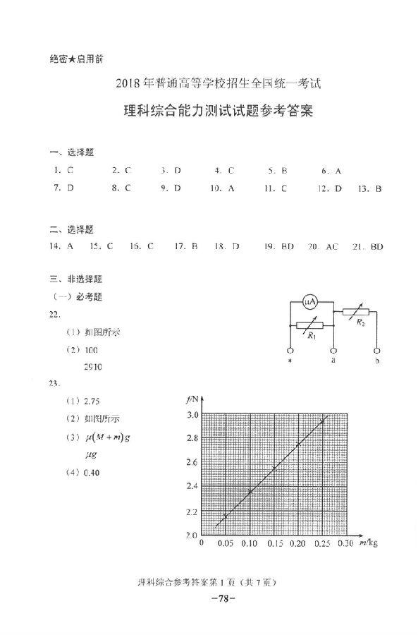 2018高考理综真题答案