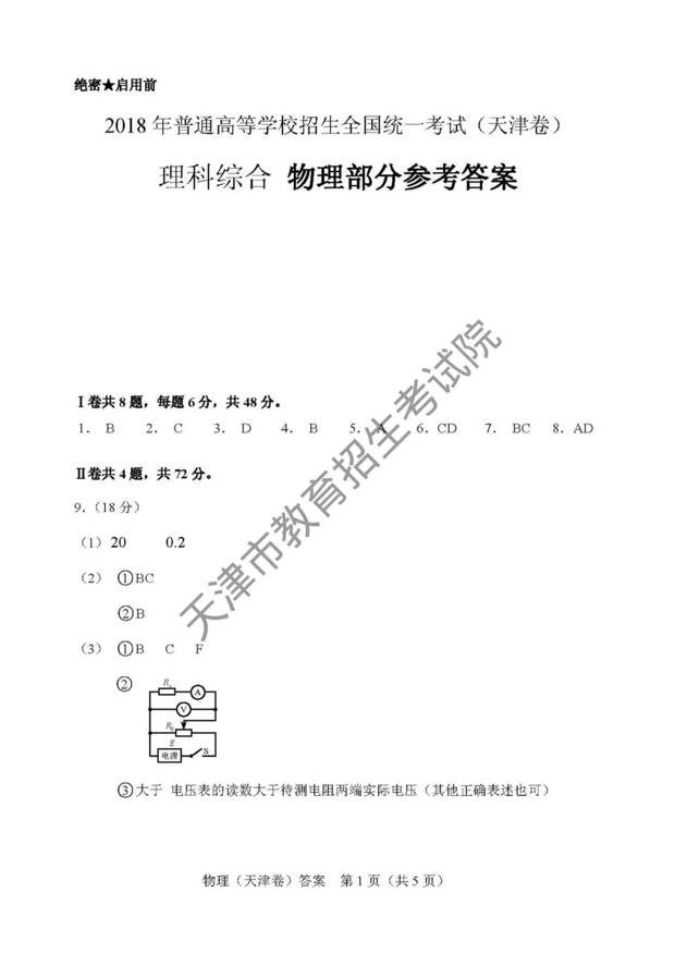 2018天津高考理综真题答案