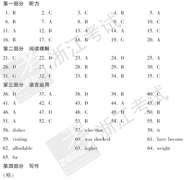 2018浙江高考英语真题答案