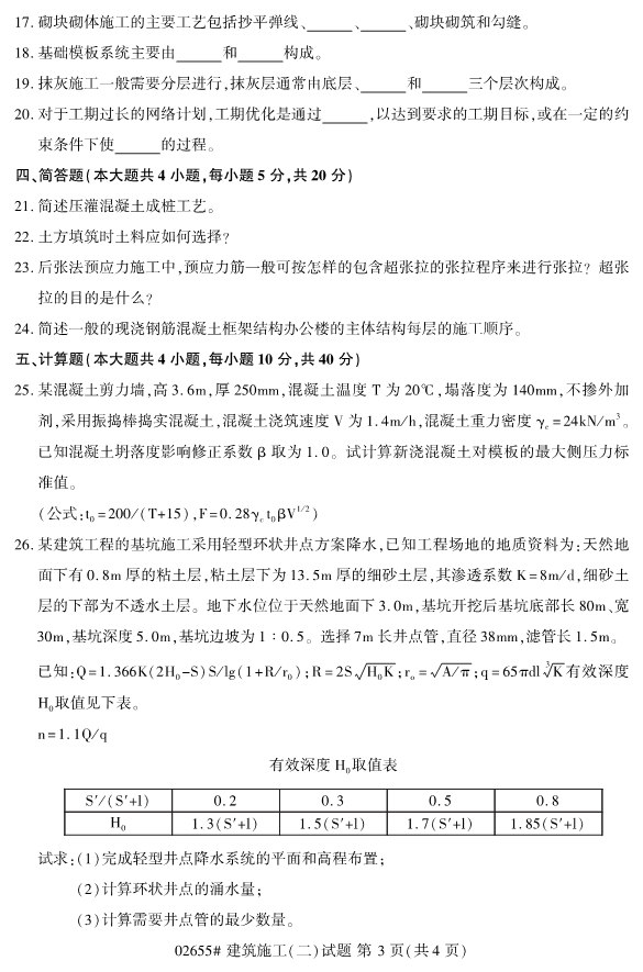 2019年4月全国自考02655建筑施工(二)真题