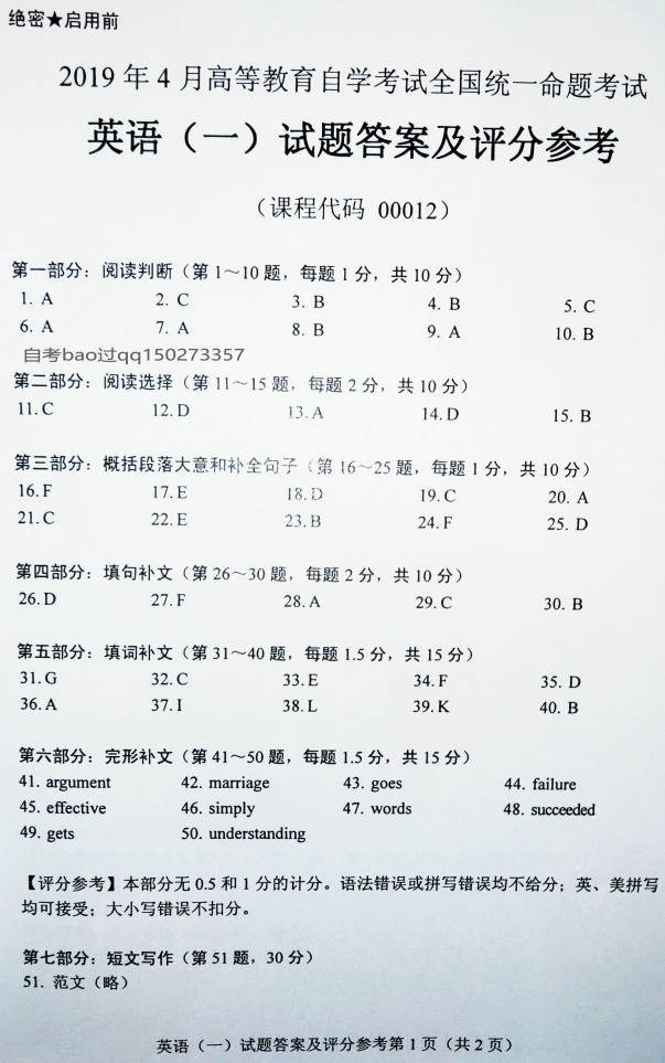 2019年4月全国自考00012英语(一)真题和答案