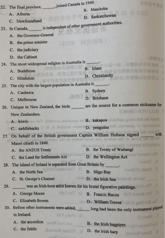 2019年10月自考英语国家概况00522真题及答案