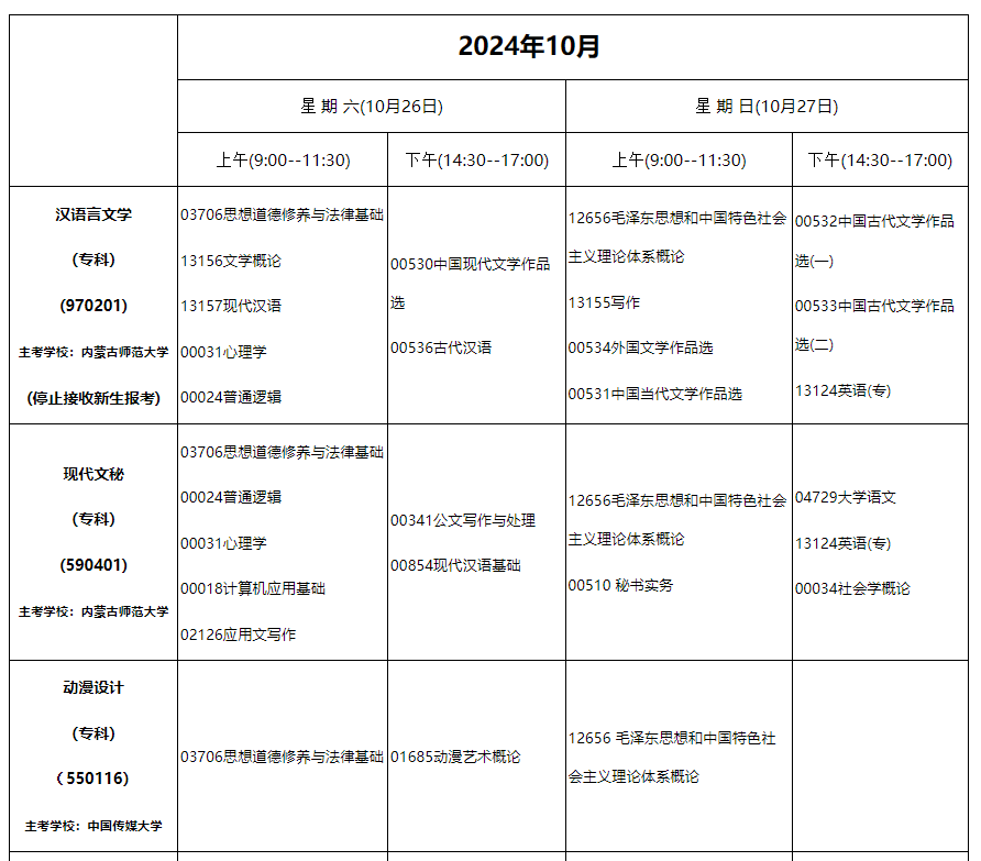 2024年10月内蒙古自治区188金宝搏beat官网登录
自学考试笔试课程考试时间安排表及实践课考试安排